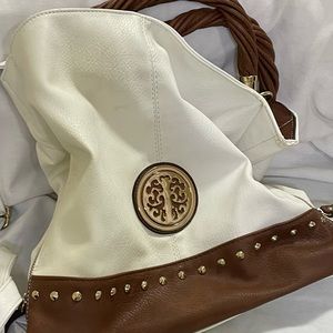 Leather tote. White and brown. Unknown retailer.